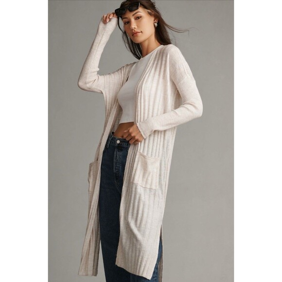 Anthropologie Pilcro Long Cardigan XS Rib Duster Open Front Sweater WOOL Blend